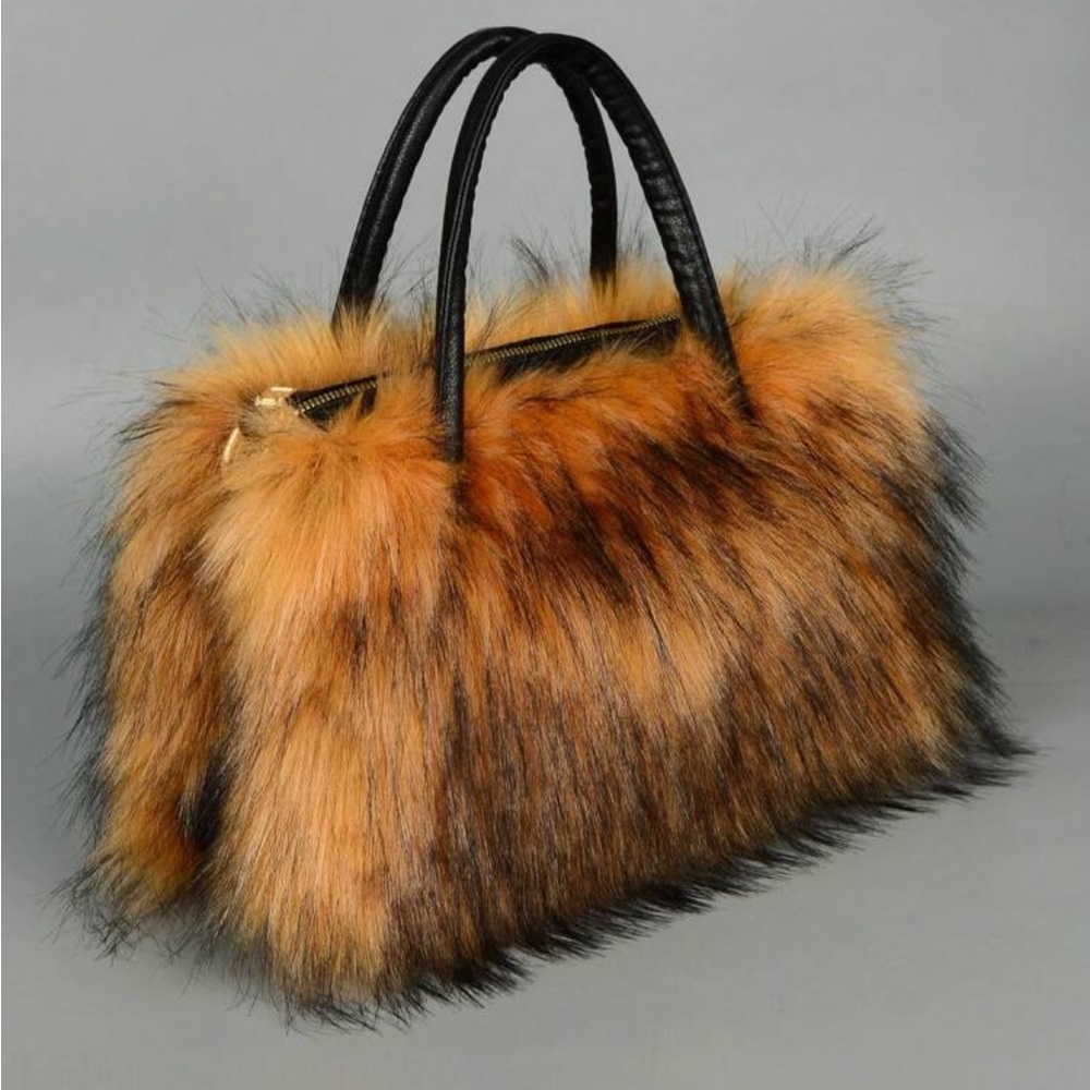 Luxurious Faux Fur Handbag - Black and Brown